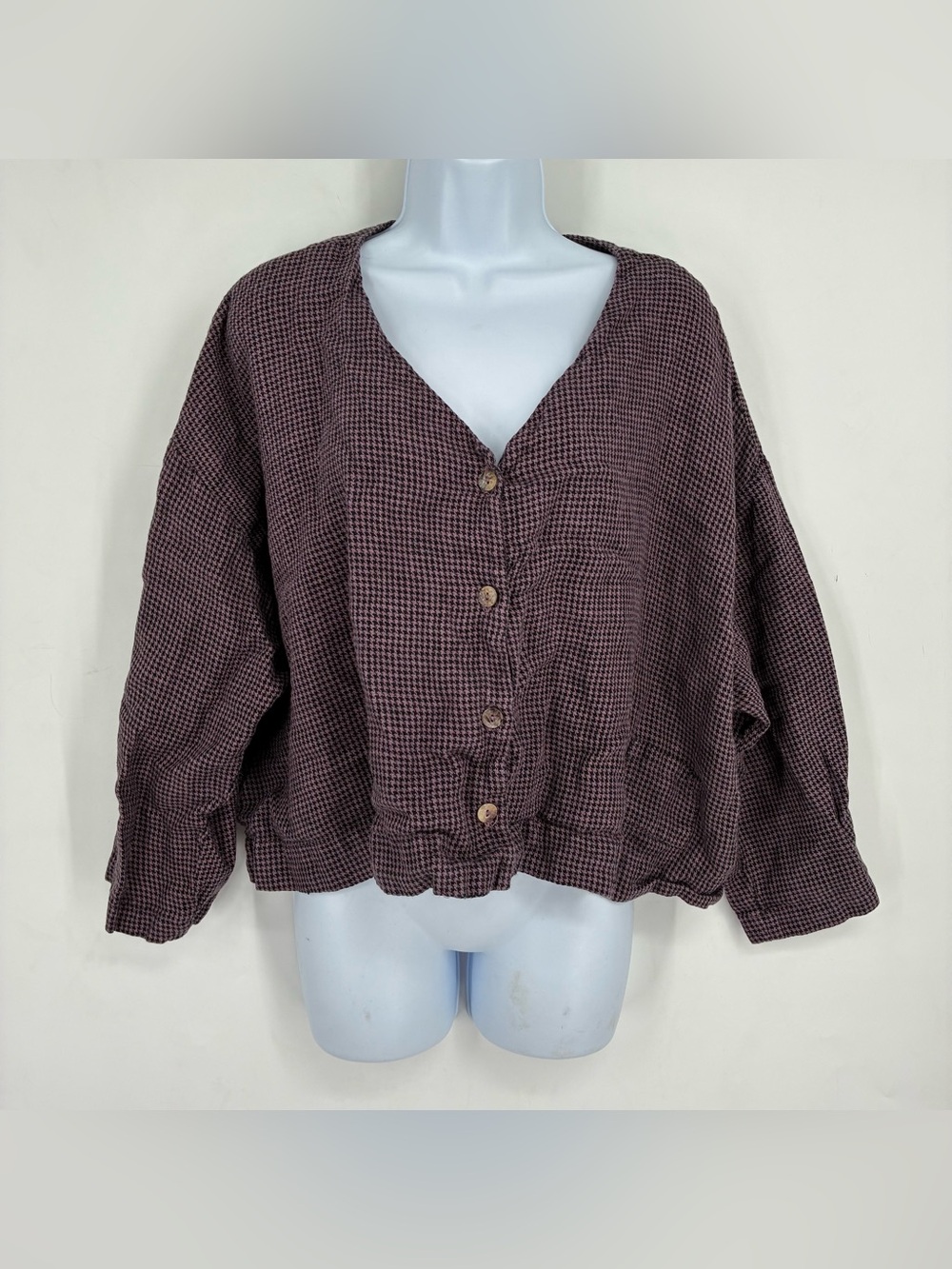 Bryn Walker Medium Linen Houndstooth Purple Black Button Up Blouse Top Lagenlook